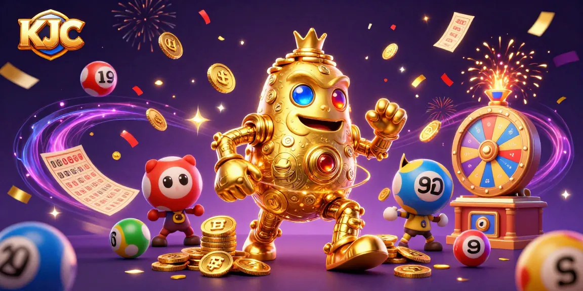 Experience KJC's vibrant gaming world with golden golems and dynamic lottery elements raining down.