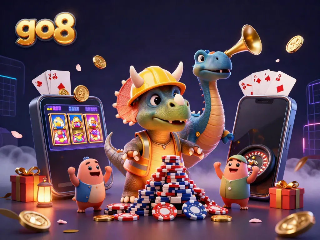 Engage in exciting gameplay at go8 with vibrant 3D characters celebrating gaming success amidst casino elements.