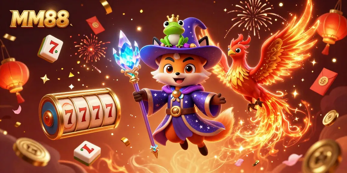 Experience the thrill of MM88 with this vibrant 3D illustration featuring a magical fox and phoenix amidst casino elements.