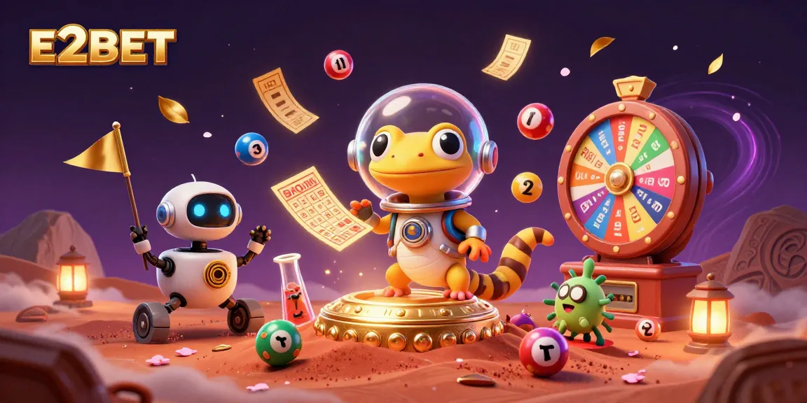E2BET showcases a vivid Martian casino scene, featuring a gecko and dynamic gaming elements.
