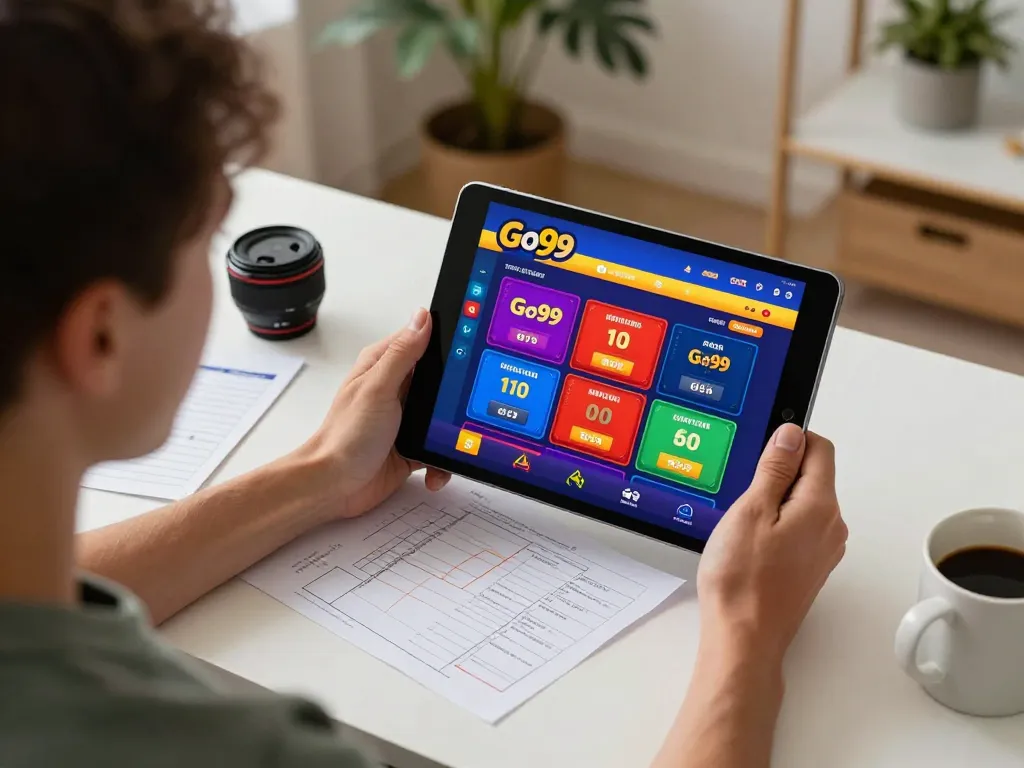 Engaged player strategizing on Go99 mobile gaming app while cozy at home