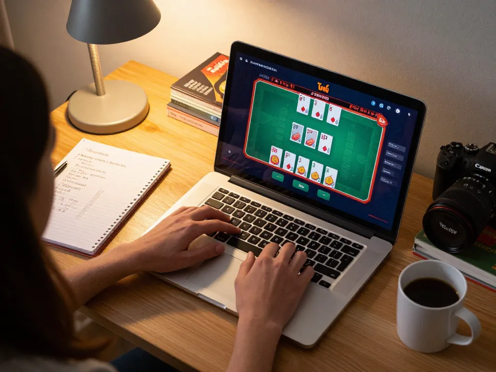 Player engaged in TWIN68 online casino, strategic poker gameplay on a laptop.
