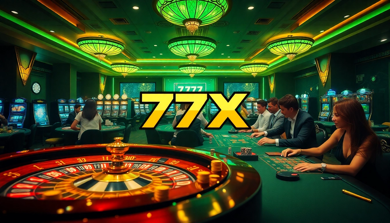 Gamblers enjoying thrilling action at 777X casino tables filled with chips and excitement.