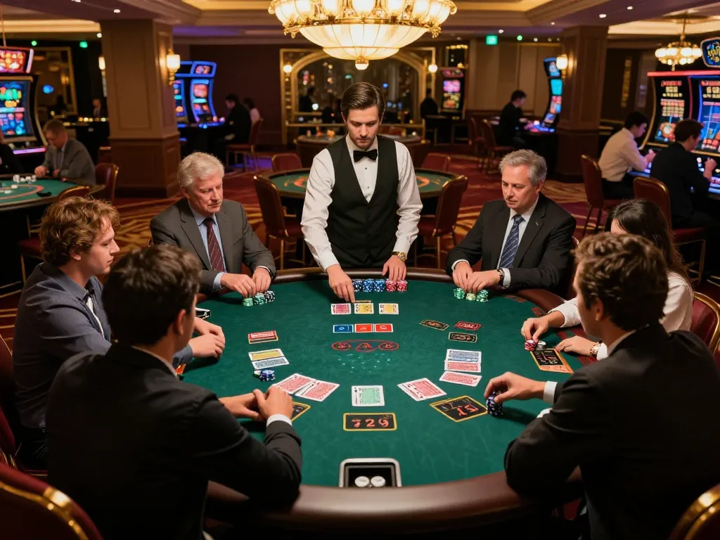 Players at NOHU blackjack table strategizing bets and playing cards in a luxurious casino setting.