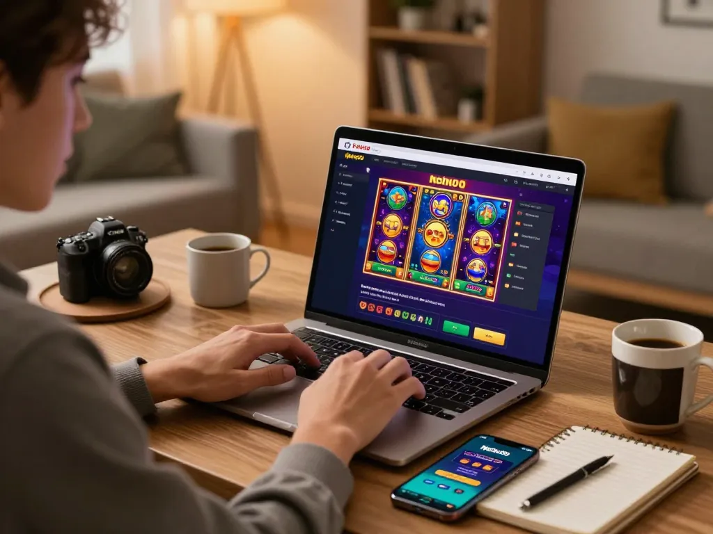Nohu90 online gaming setup with an individual engaging in responsible play on laptop and smartphone.