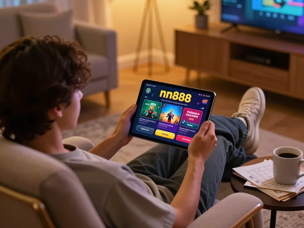 Engaged player enjoying nn888 casino app on tablet in a cozy gaming setup.