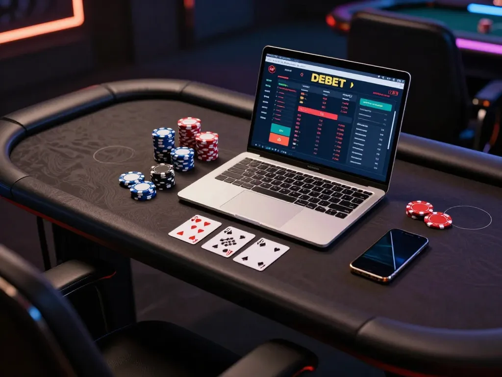 Engaging in strategic DEBET online gaming with laptop and poker chips.