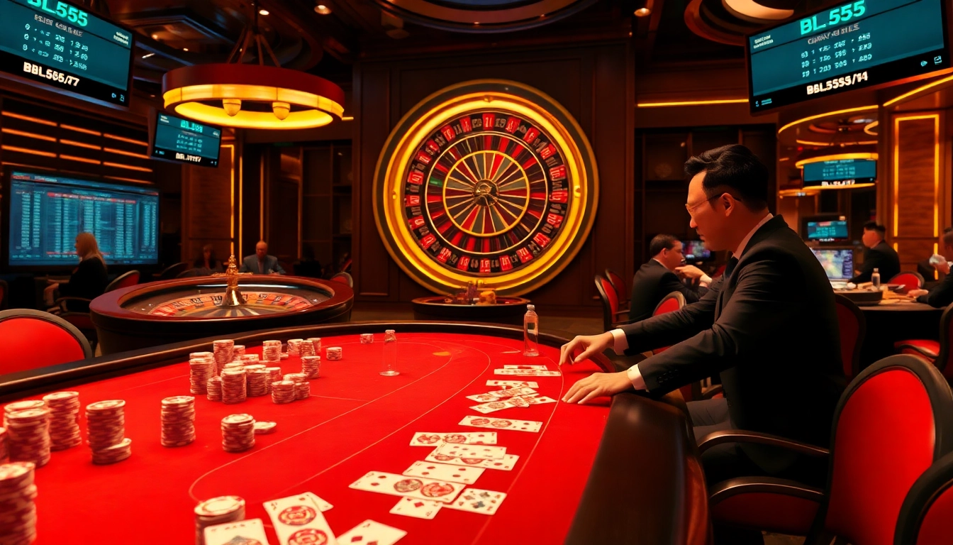 Experience the excitement of BL555 as players engage at a luxurious poker table amidst vibrant casino visuals.