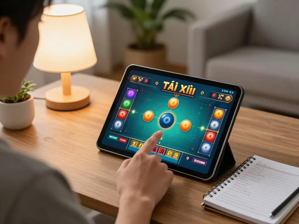 Tài Xỉu gameplay on tablet in a cozy home environment with betting notes.