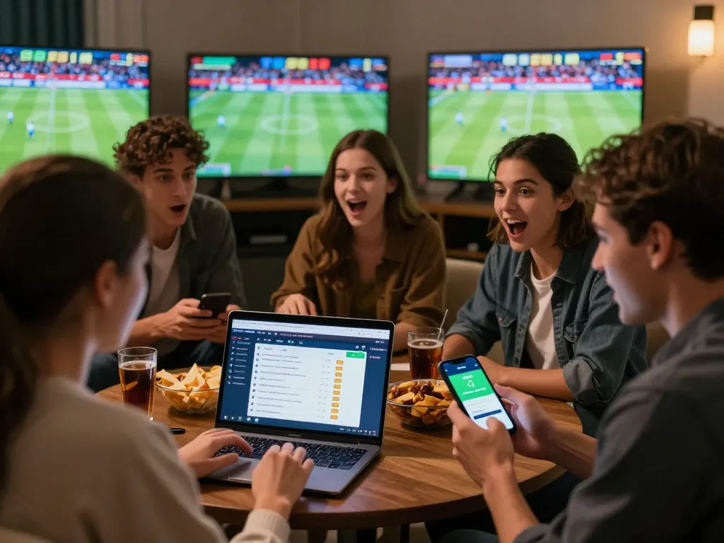Friends engaging in sports betting using tip88 app on laptop and phone during a lively game night.