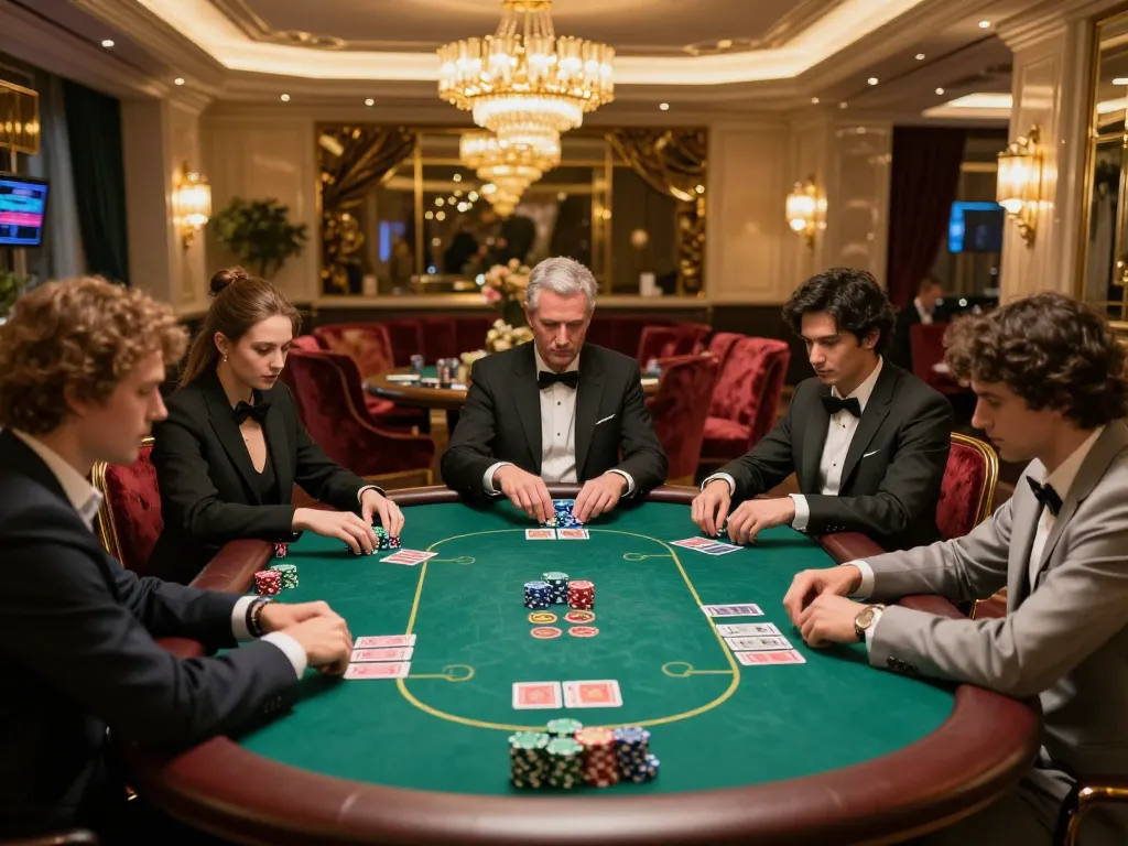 99ok players strategizing at a high-stakes VIP poker table in a luxurious casino.