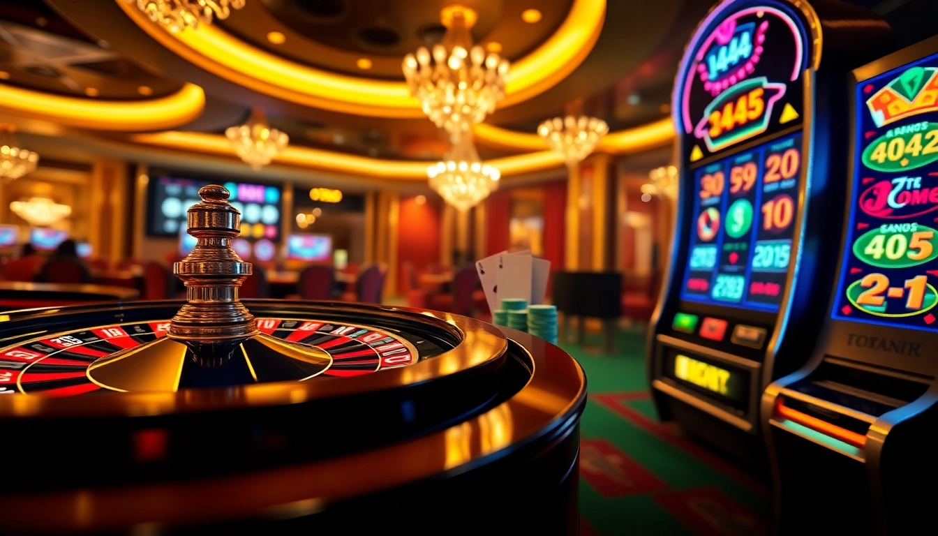 Players engaging with l444's vibrant online casino, showcasing roulette, chips, and slot machines.
