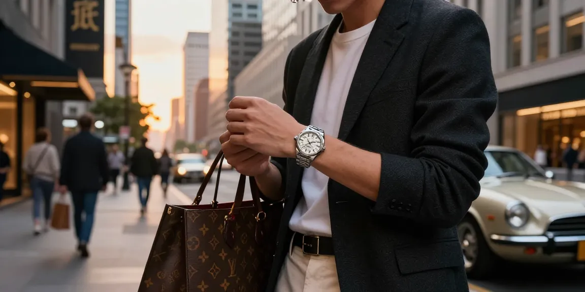 Fashionable individual showcasing a stunning replica watch against a vibrant urban skyline at sunset.