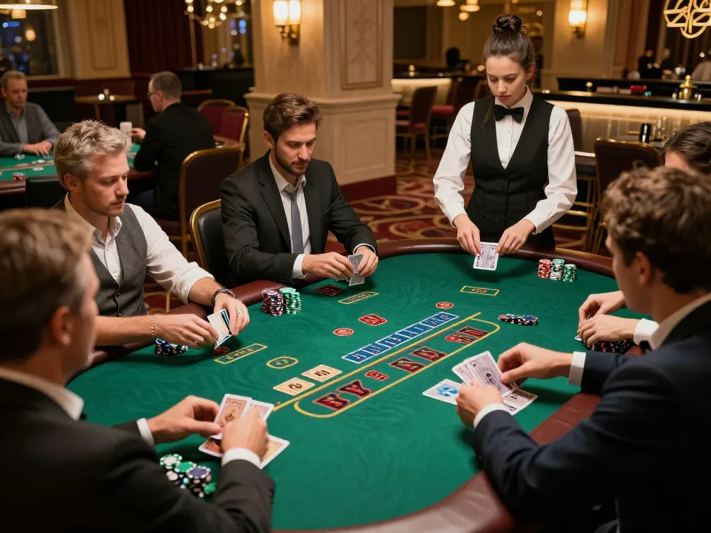 XX88 players engaging with a dealer at a blackjack table in a luxurious casino atmosphere.