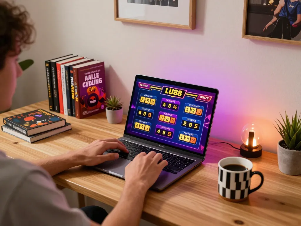 Engaging with LU88 online casino on a laptop, showcasing colorful game interface and strategic environment