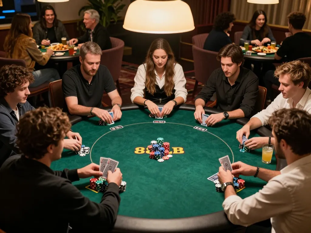 Players strategizing in a friendly poker game at 88clbgo, surrounded by snacks and drinks, highlighting social gambling.