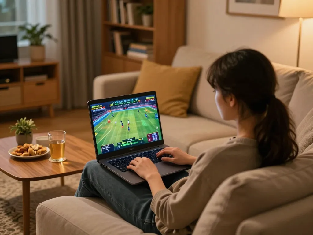 Soccer fan placing bets on sbobet sports platform from home, showcasing excitement and strategic engagement