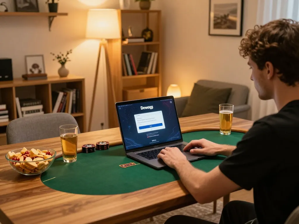Dewagg login displayed on a laptop screen during an engaging online poker session at home.