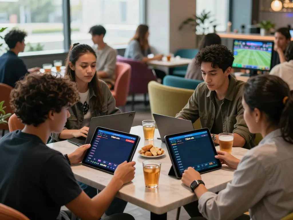 Exciting sports betting environment highlighting 11bet.com on devices with friends in a modern lounge.
