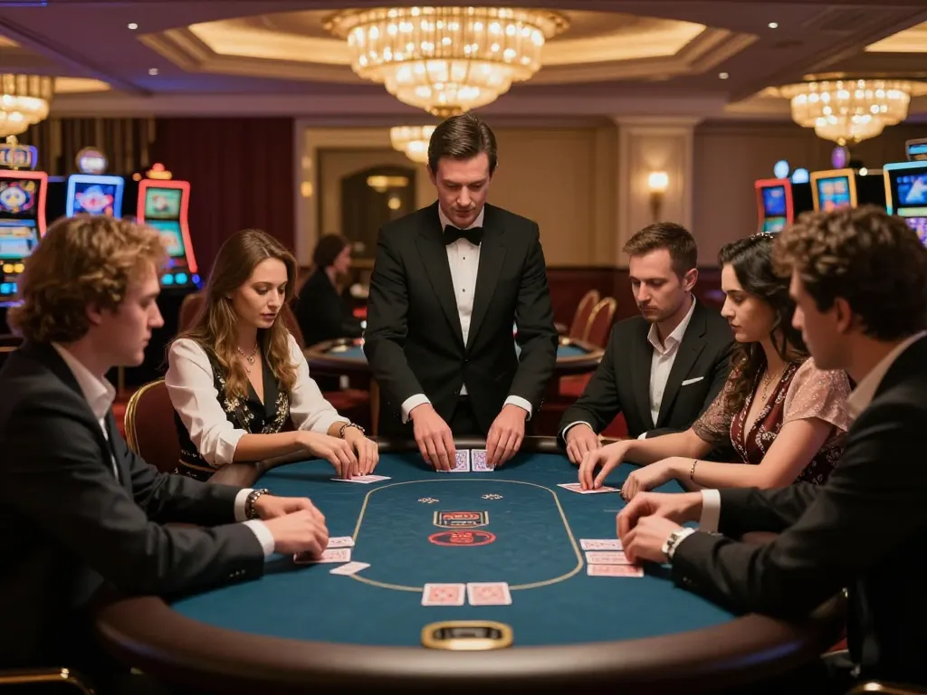 Players engaging in a high-stakes poker game at a luxurious casino 3win, showcasing strategic betting.
