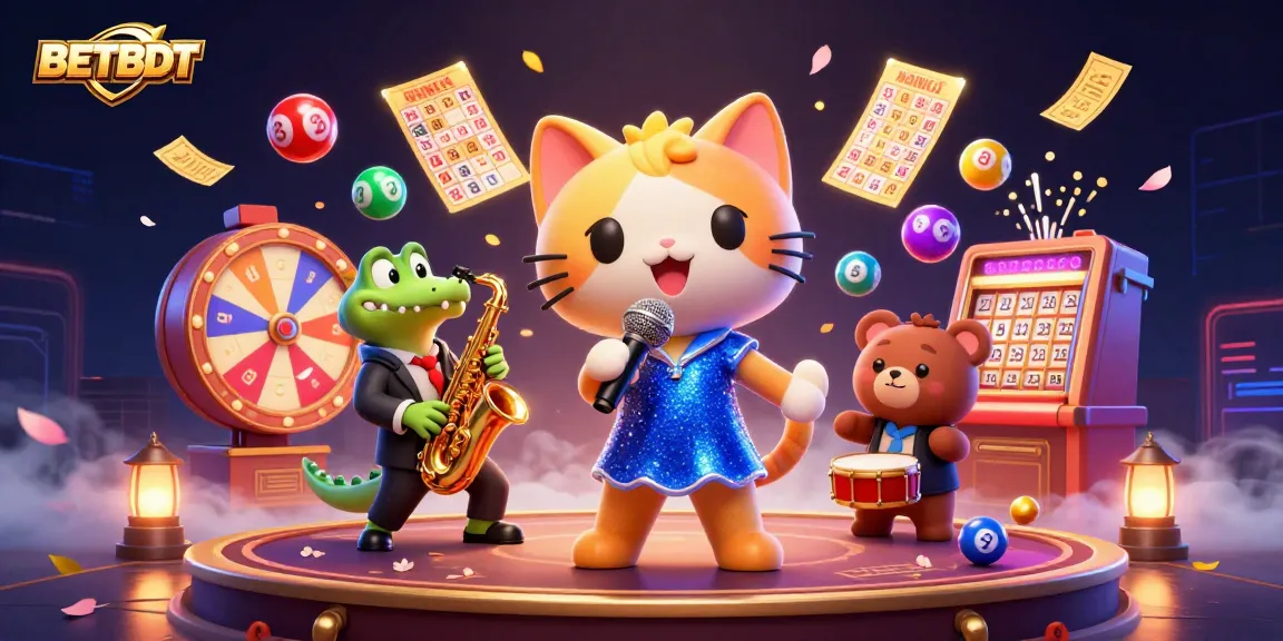 BETBDT features a jazzy cat singing with casino elements, lively and engaging illustration.