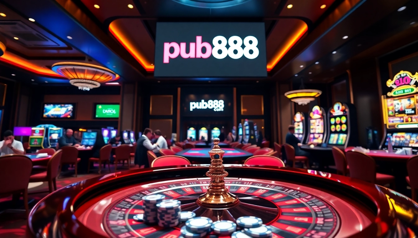 Engaging casino scene with vibrant roulette table showcasing pub88 com, poker chips, and cards in action.
