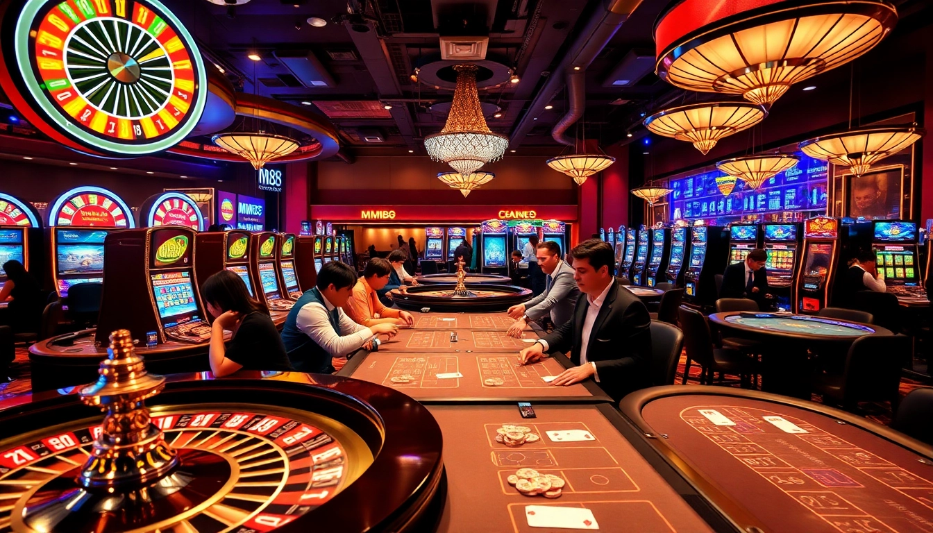 Players enjoying thrilling games at MM88 Casino, featuring poker tables and slot machines.