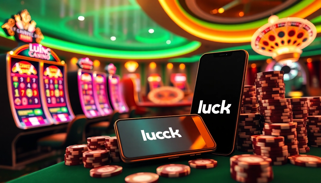 Engaging scene of luck8's online casino with vibrant slot machines and a roulette wheel.
