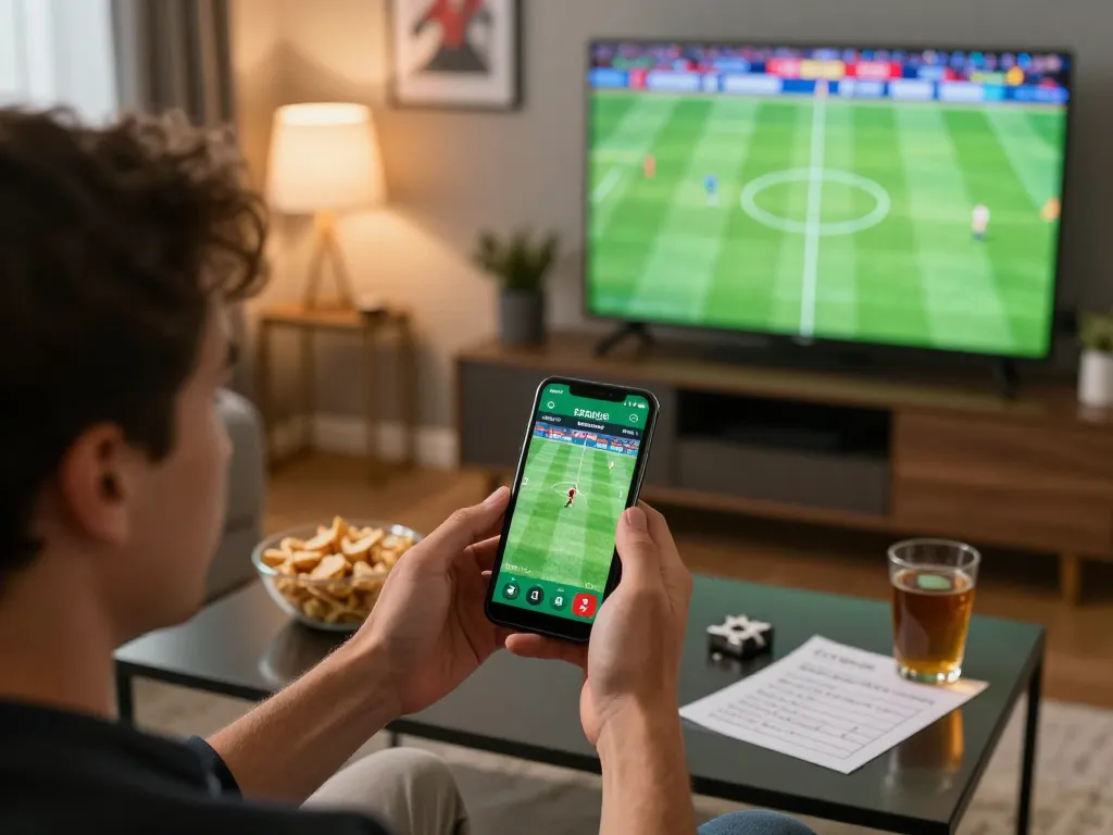 Football betting enthusiast analyzing odds on mobile app during a live match.