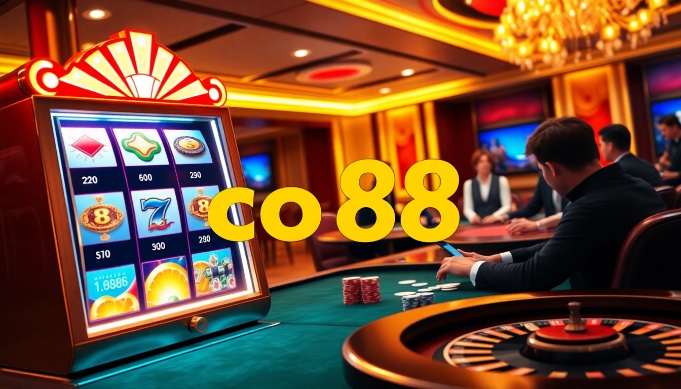 An exciting moment at a casino featuring co 88's luxurious online gambling interface and vibrant slot machine action.