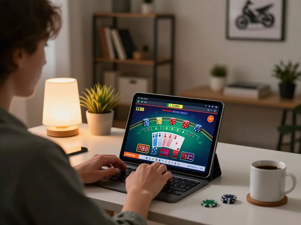 Play blackjack on the LC88 app in a cozy home office setting with ambient lighting.