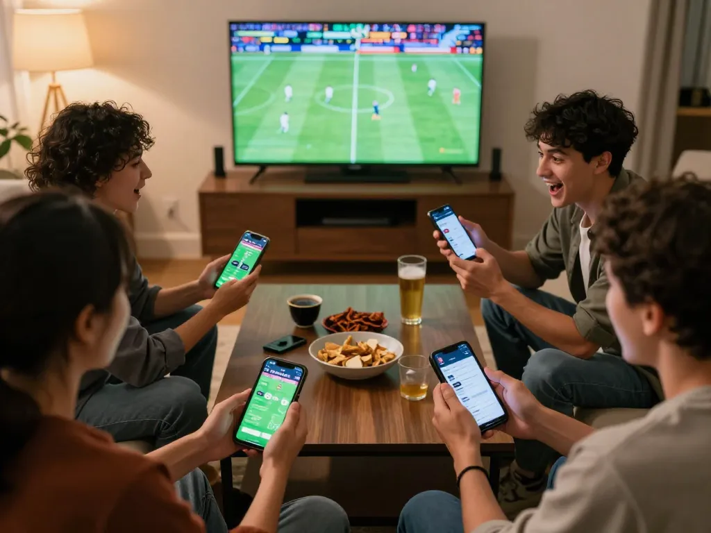 Engaged friends enjoying live resultsfootball betting at home, focusing on smartphones and excitement