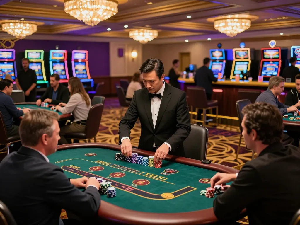Twin68 engages players at a lively blackjack table in a vibrant casino atmosphere