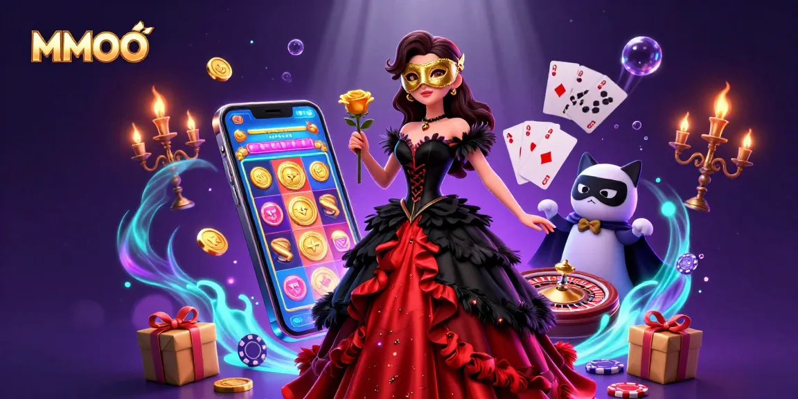 Experience the thrill at MMOO with a stunning 3D illustration showcasing vibrant casino elements and glamorous characters.