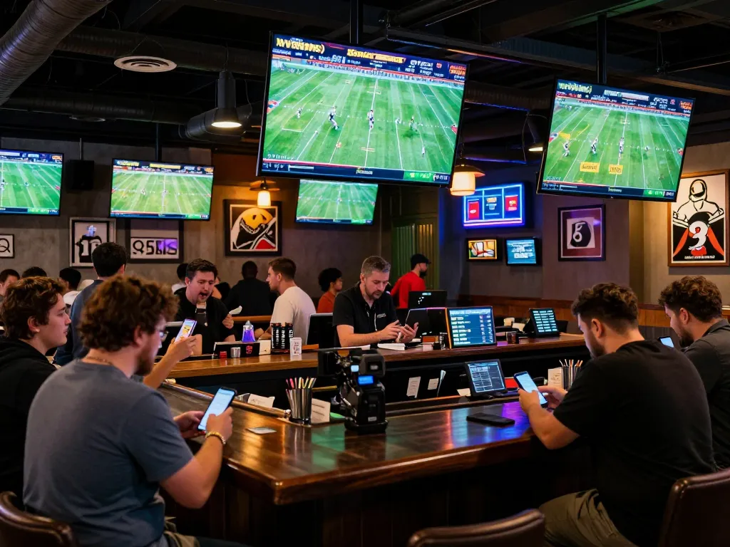 Footballl enthusiasts engaging in live sports betting at a busy bar with digital odds displayed.