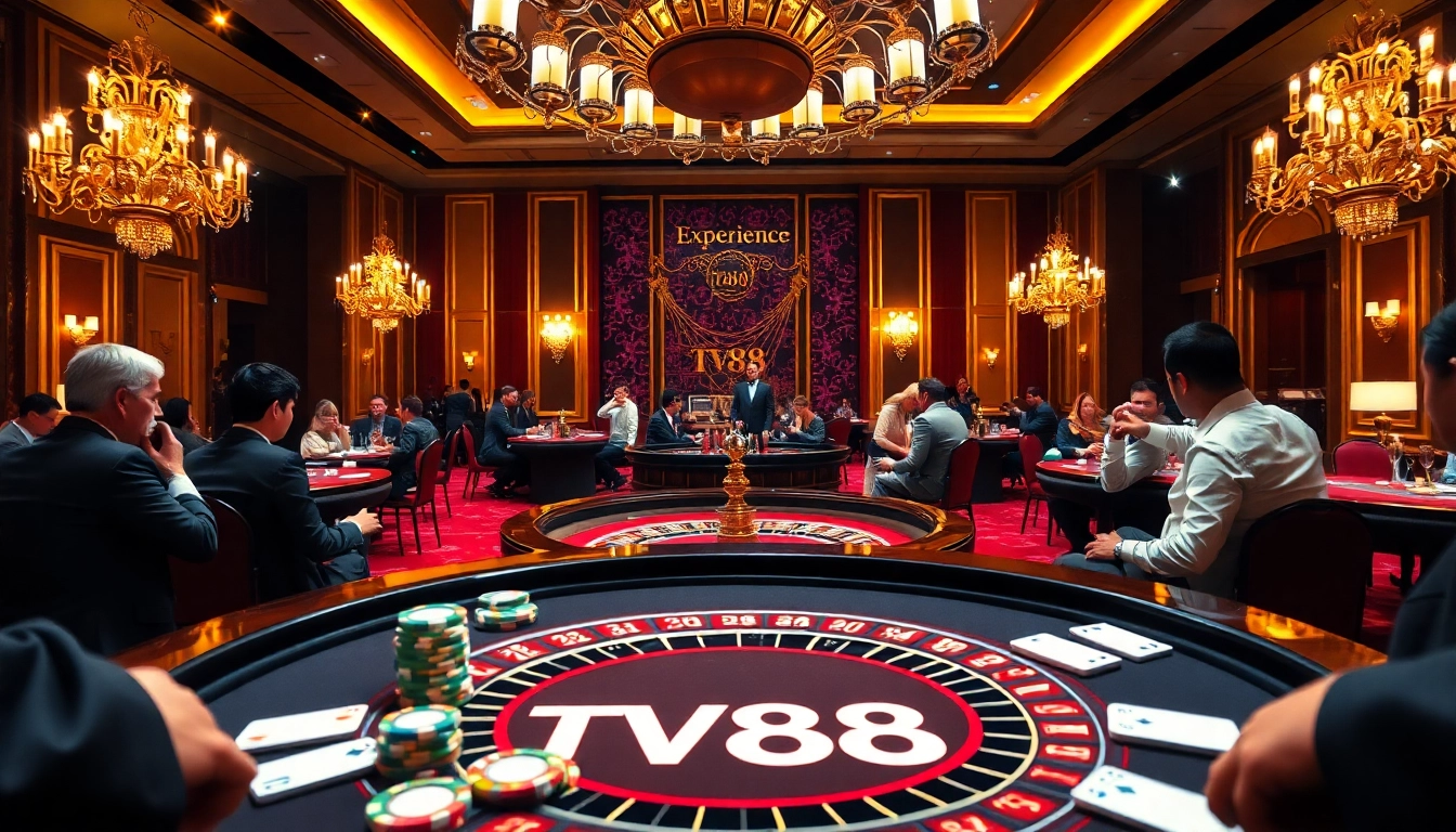 Players enjoying a high-stakes roulette game at TV88 casino, showcasing excitement and luxury.