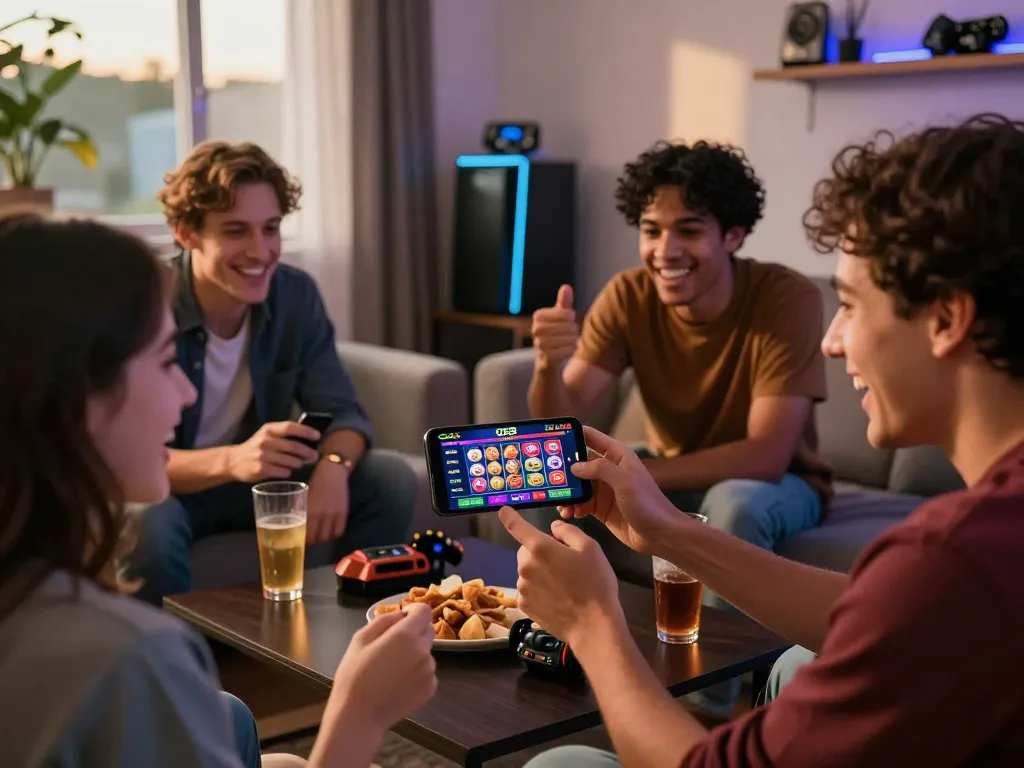 Friends enjoying a game night together on the QE8 platform, showcasing online betting excitement and camaraderie.
