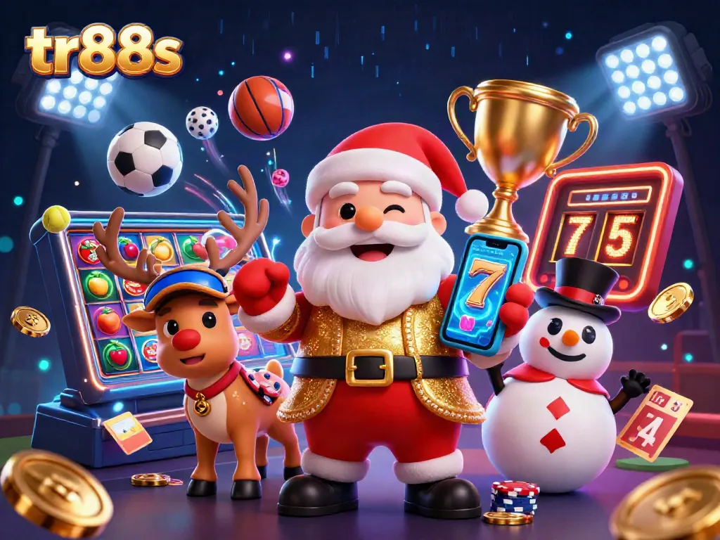 Spin jackpot slots with tr88s in this vibrant casino scene featuring Santa and friends.
