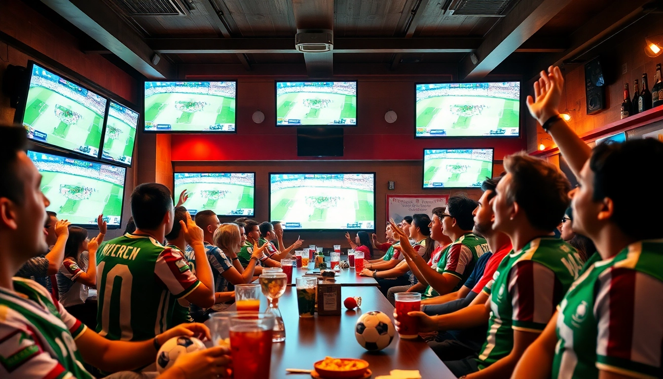 Bongdanet soccer fans cheering in a vibrant sports bar during a live match.