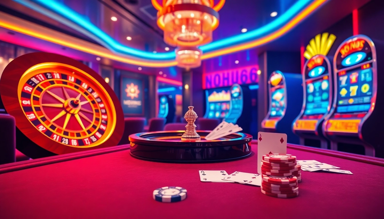 The thrill of winning on slots at https://nohu666.co.com/, showcasing vibrant casino elements like roulette and poker chips.