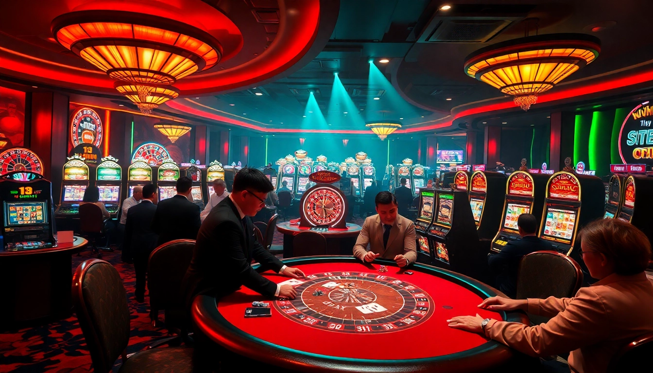 Experience the excitement of SUNWIN gaming with players at a poker table and vibrant casino atmosphere.