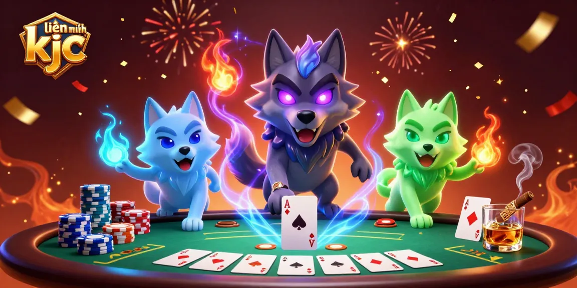 Engage with the exciting world of liên minh kjc, featuring glowing wolf characters and vibrant poker elements.