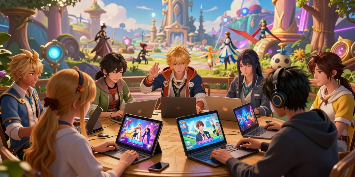 Exciting scene of diverse characters interacting in a vibrant fantasy world, promoting free ecchi games on multiple devices.
