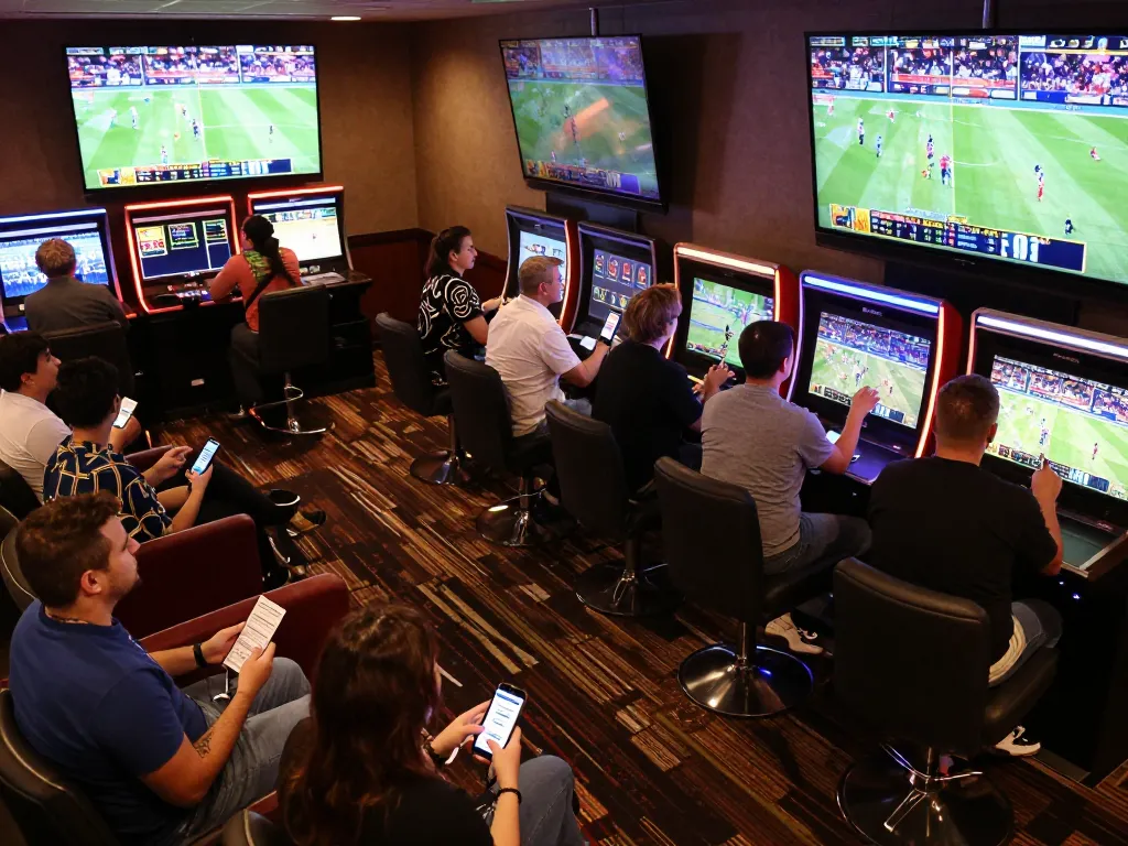 Engaged sports bettors in upscale lounge checking SC88 bets and cheering for their teams