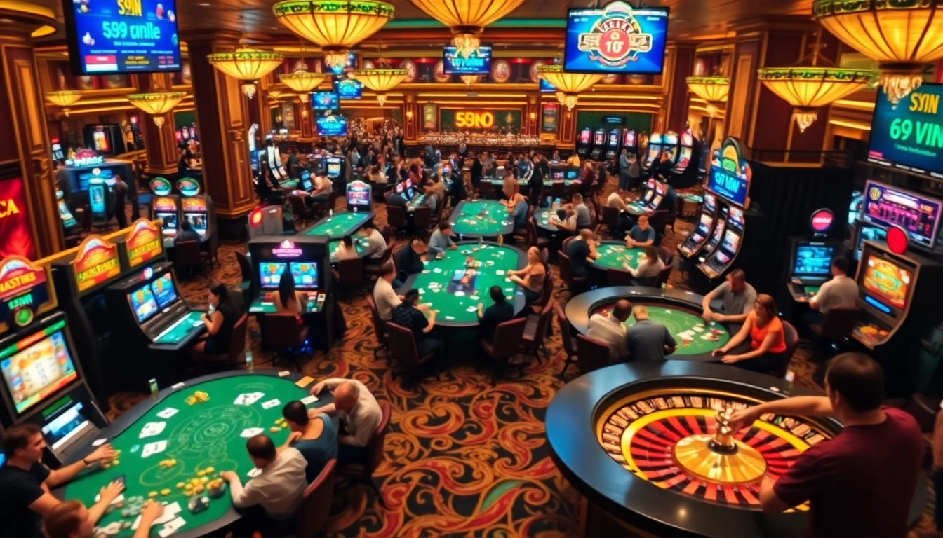 Experience the excitement of 69vn game at a luxury casino with vibrant tables and thrilling players.