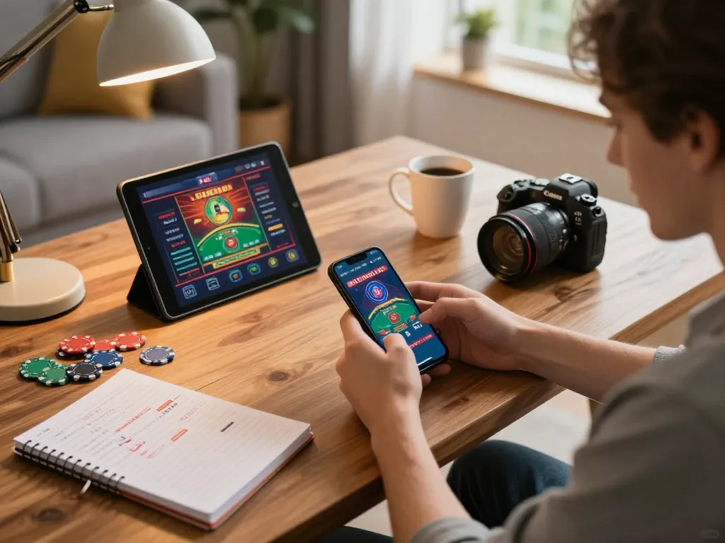 Player engaged in mobile gaming with Link vào TA88 app on smartphone, showcasing a cozy home atmosphere.