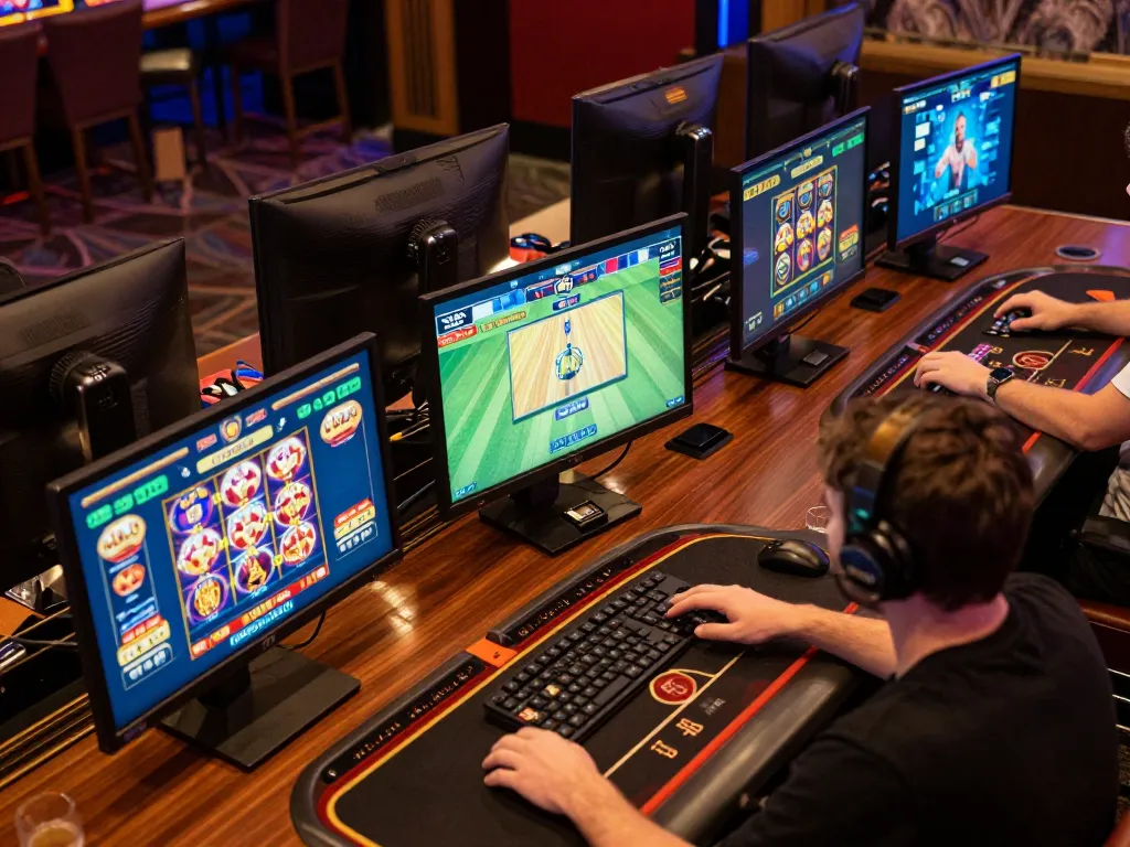 Player engaging in online gambling session with vuabet88i, showcasing vibrant game interfaces and a stylish workspace.