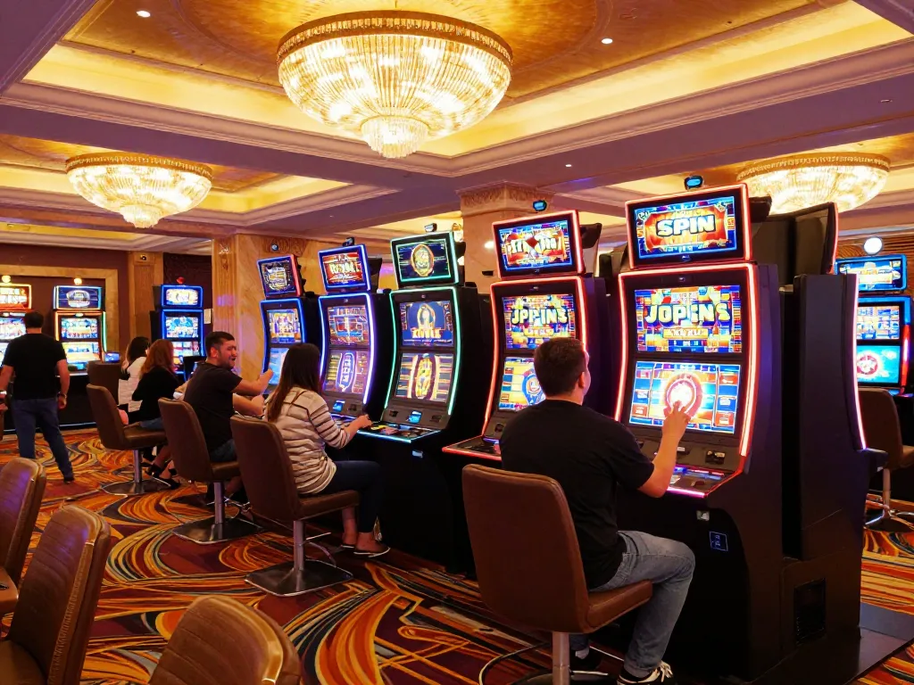 Players celebrating wins at GO8’s vibrant slot machine area with joyful expressions.