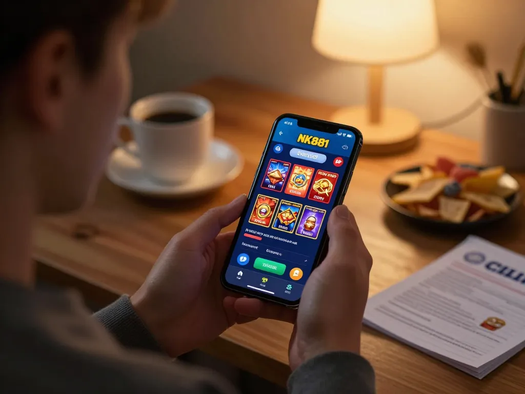 Engaged player exploring NK881 sa com on smartphone for online slots and promotions