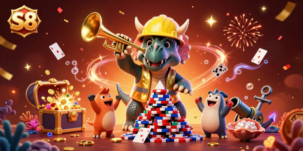 S8 users enjoy a vibrant celebration of gameplay with a 3D triceratops building a poker chip pyramid.